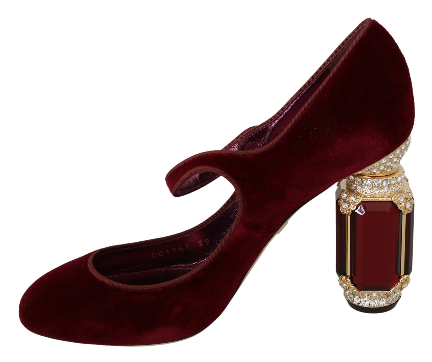 Dolce & Gabbana Red Velvet Crystal-Embellished Mary Janes Heels