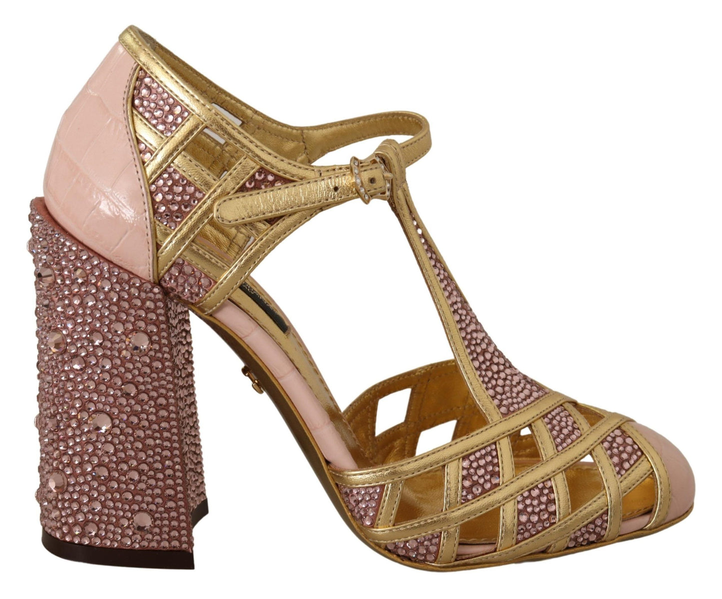 Dolce & Gabbana Silk-Infused Leather Crystal Pumps in Pink Gold