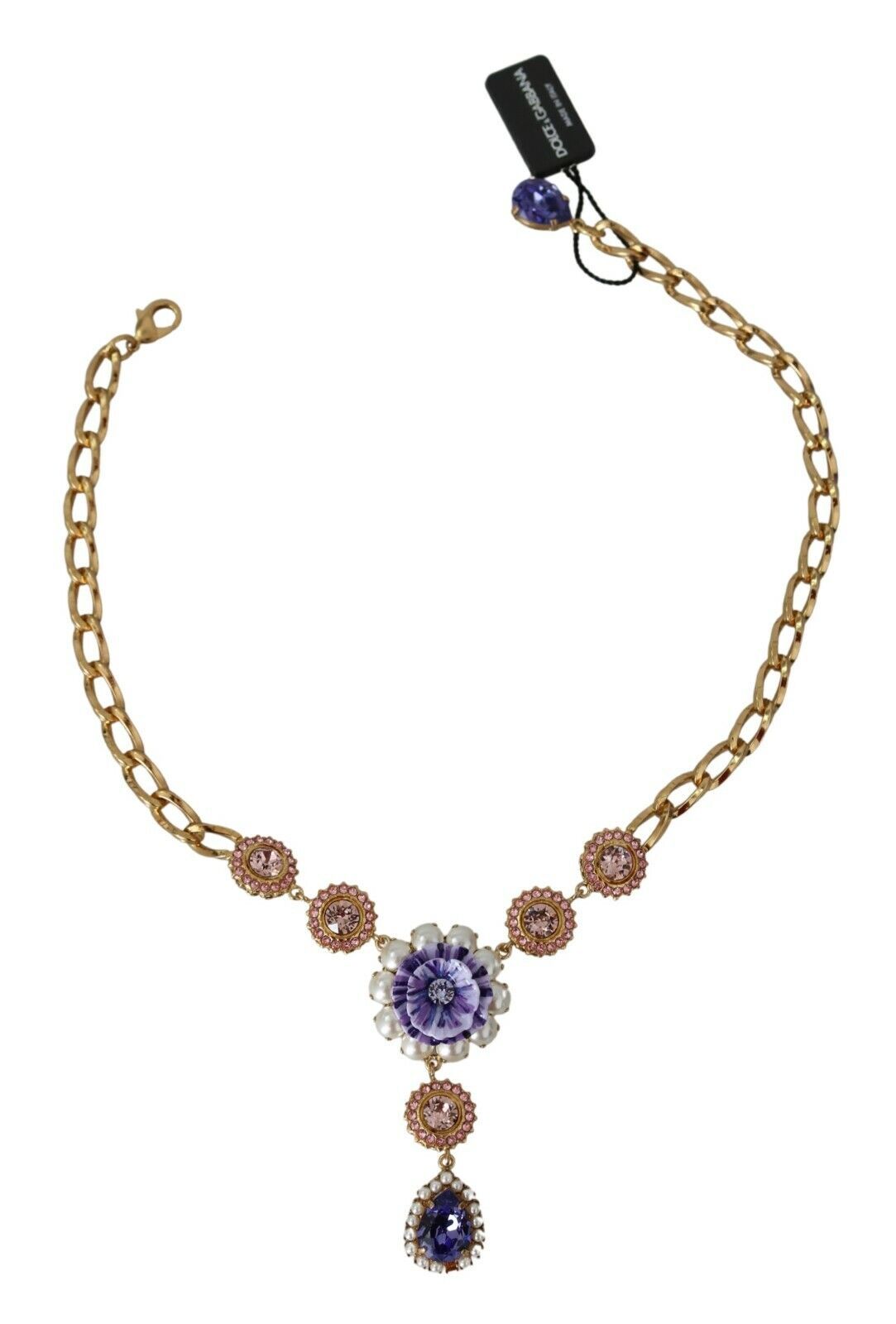 Dolce & Gabbana Elegant Gold Crystal Floral Charm Necklace