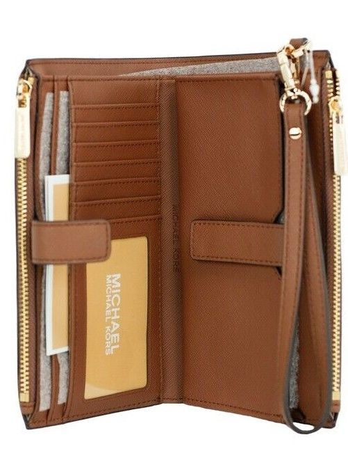 Michael Kors Jet Set Travel Luggage Leather Large Double Zip Wristlet Wallet