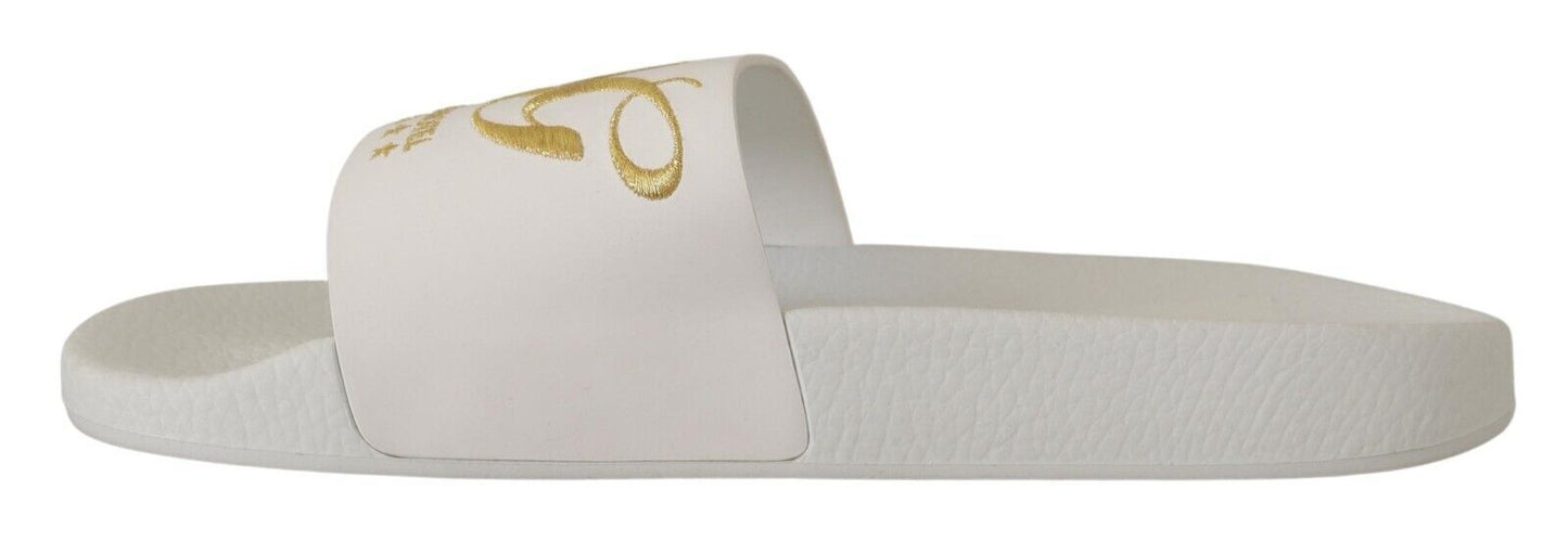 Dolce & Gabbana Chic White Leather Slides with Gold Embroidery