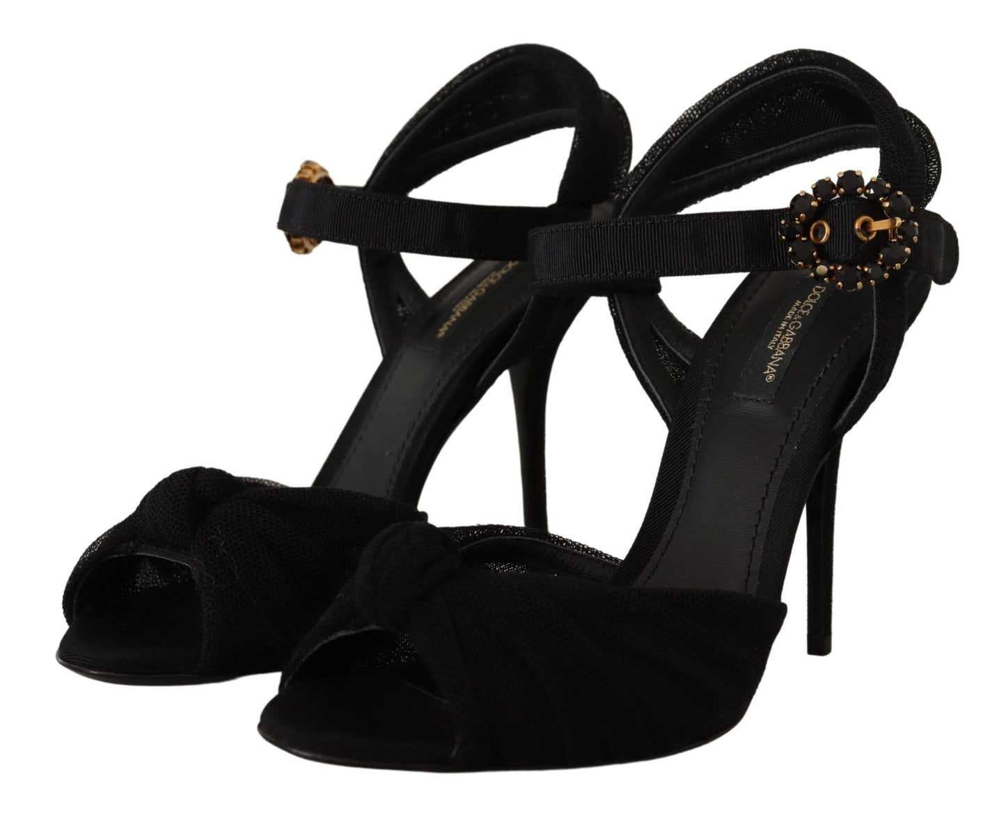 Dolce & Gabbana Black Tulle Ankle Strap Heels with Crystal Buckle