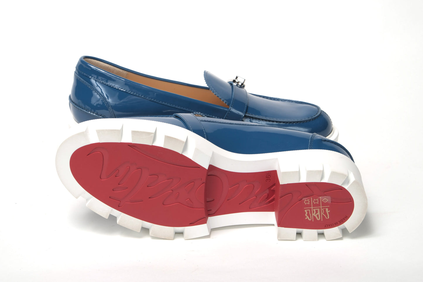 Christian Louboutin Blue And White Silver Logo Lock Boat Shoe