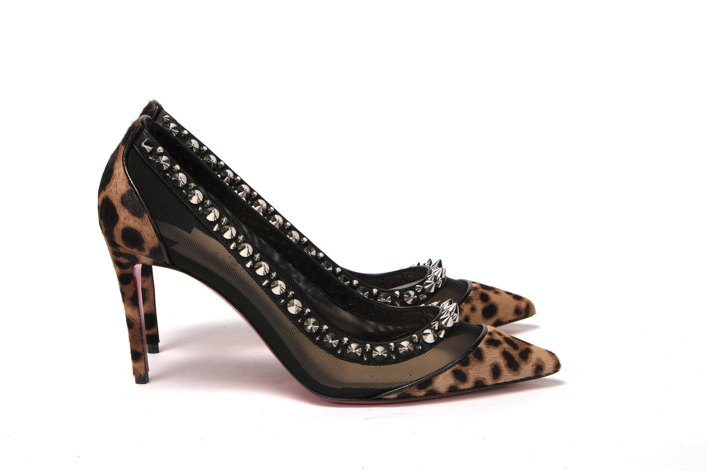 Christian Louboutin Brown Silver Leopard  Nappa And Mesh Studded High Heels Pumps