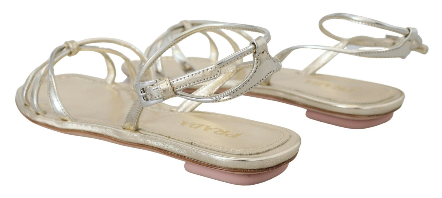 Prada Elegant Silver Ankle Strap Flats