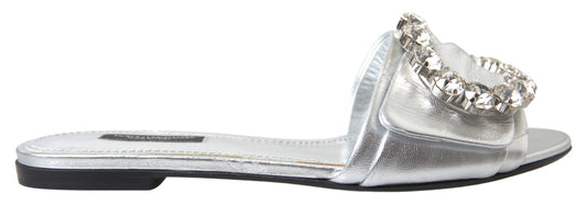 Dolce & Gabbana Crystal-Embellished Silver Leather Slides