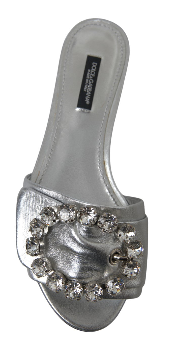 Dolce & Gabbana Crystal-Embellished Silver Leather Slides