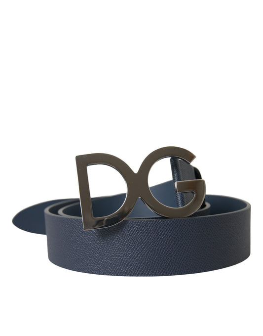 Dolce & Gabbana Blue Leather Silver Logo Metal Buckle Belt