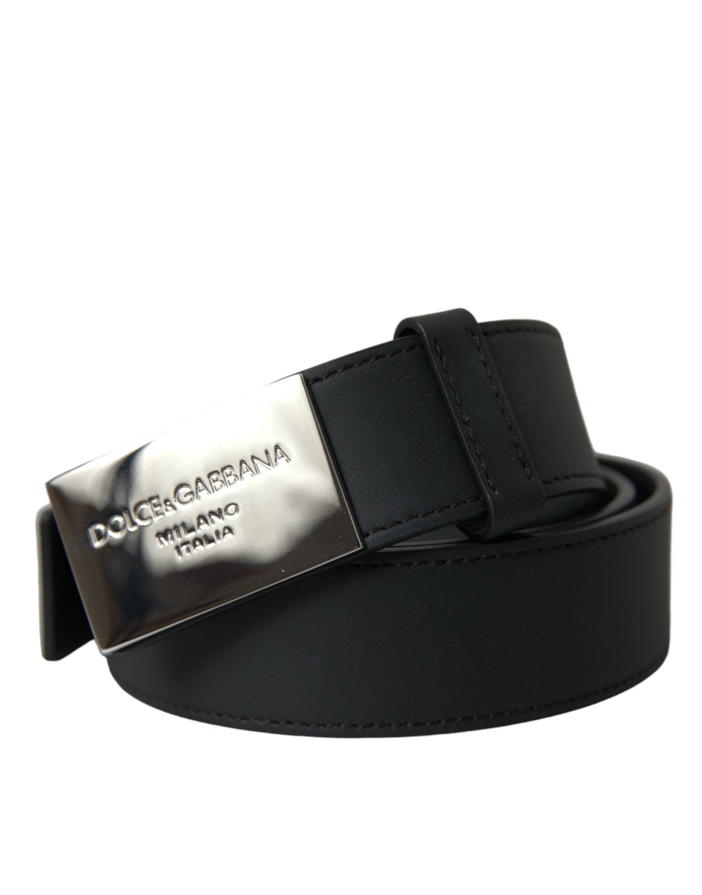 Dolce & Gabbana Black Leather Silver Logo Metal Buckle Belt