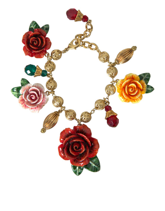 Dolce & Gabbana Gold Brass Multicolor Crystal Rose Ball Chain Bracelet