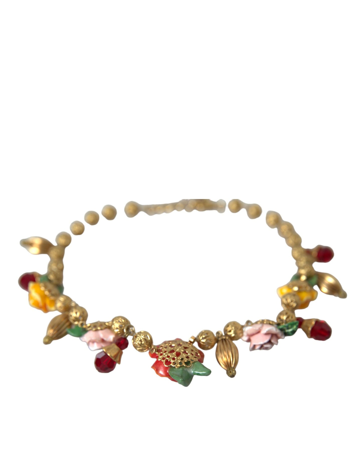 Dolce & Gabbana Multicolor Roses Crystals Gold Ball Chain Necklace