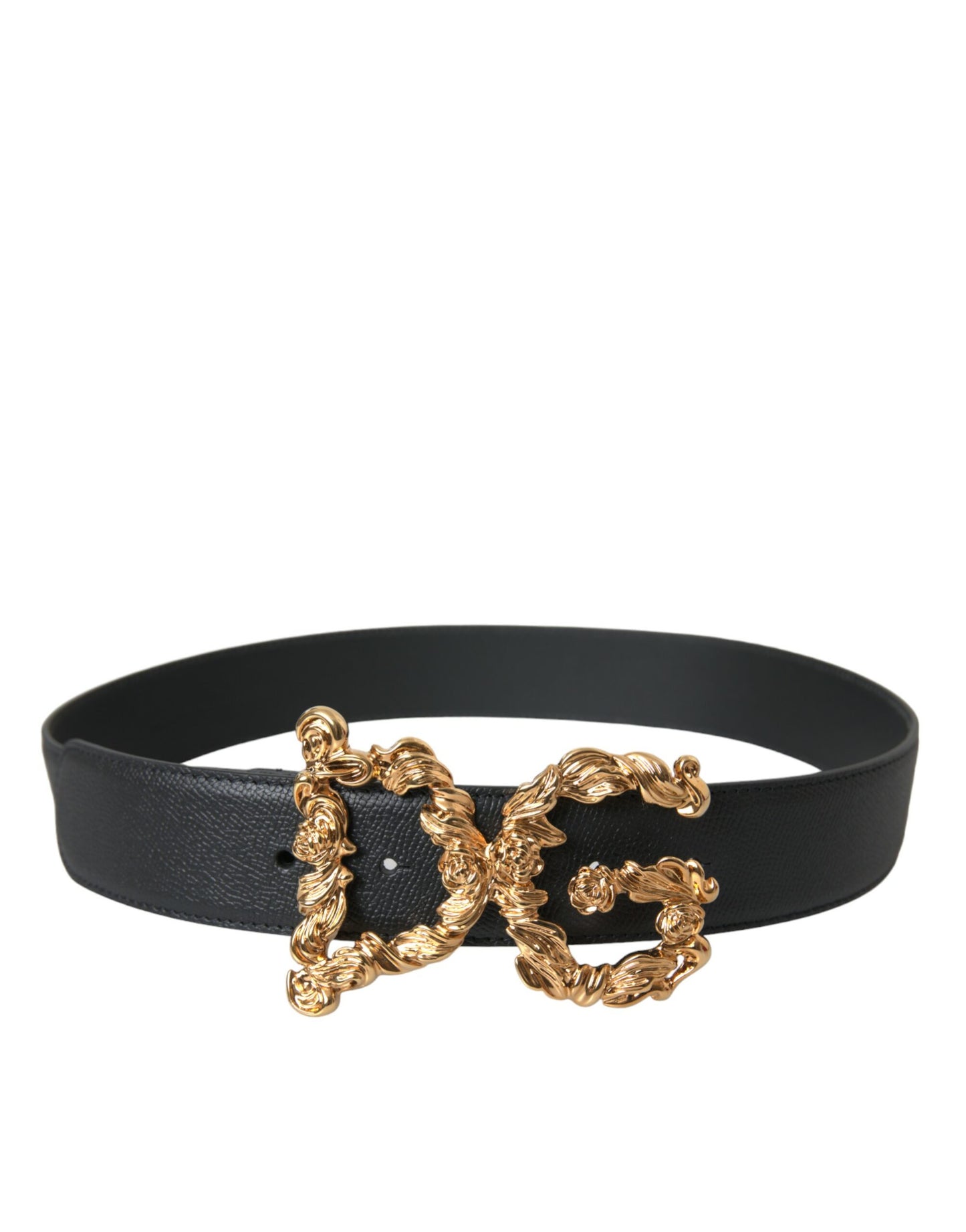 Dolce & Gabbana Black Leather Baroque Gold DG Logo Waist Buckle Belt