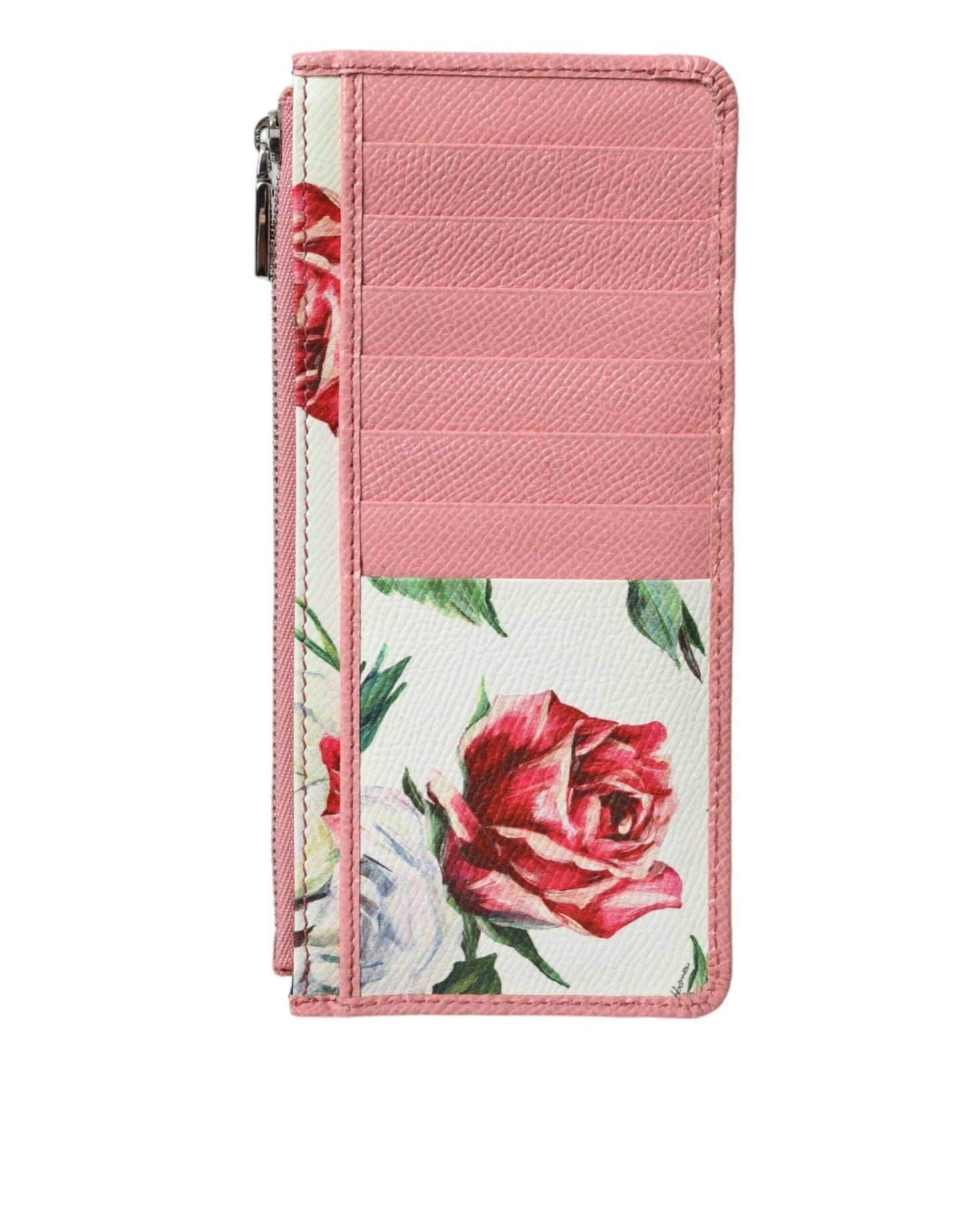 Dolce & Gabbana Pink Floral Leather DG Logo Zip Card Holder Women Wallet