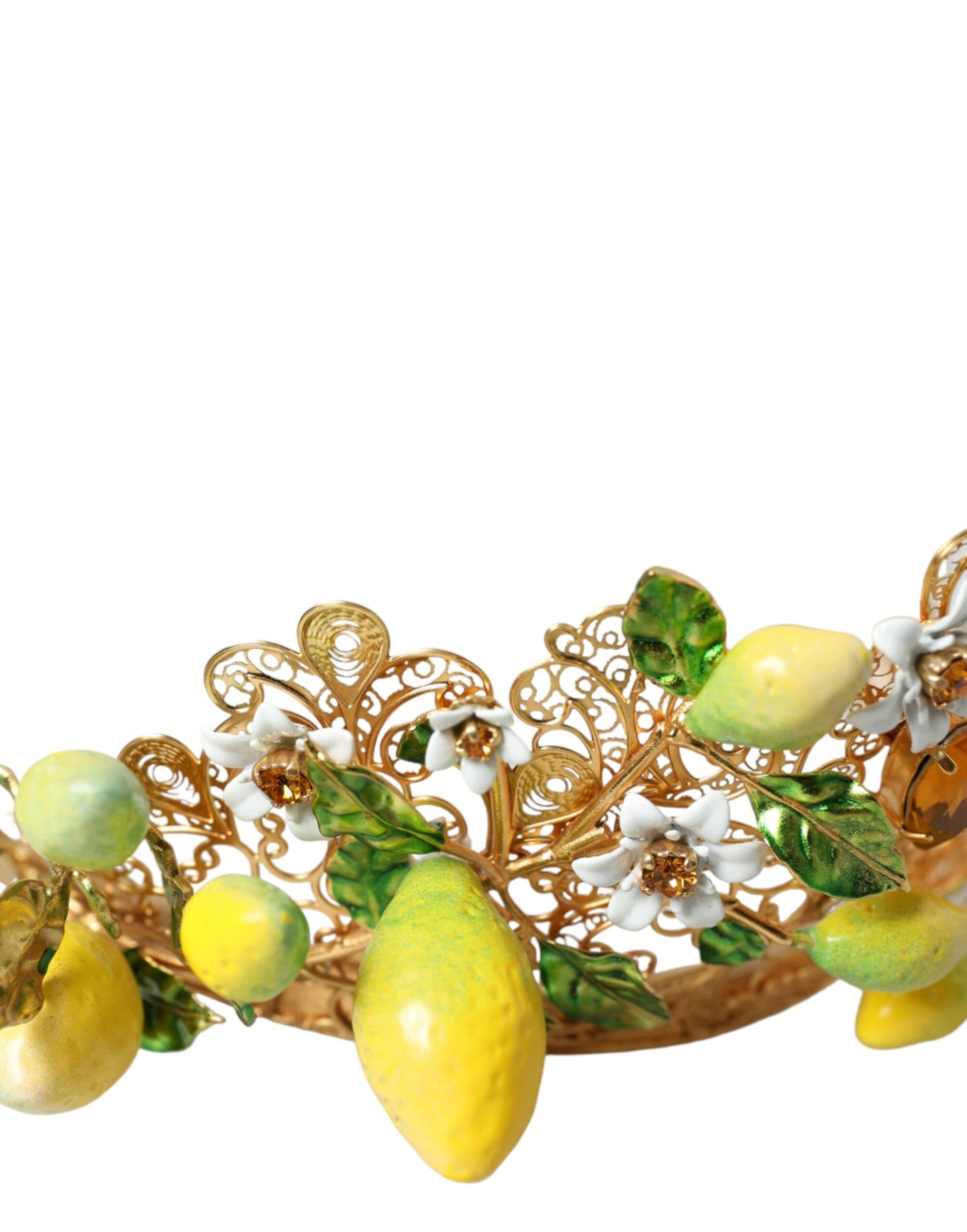 Dolce & Gabbana Gold Tone Brass Crystal Sicily Lemon Head Crown Tiara