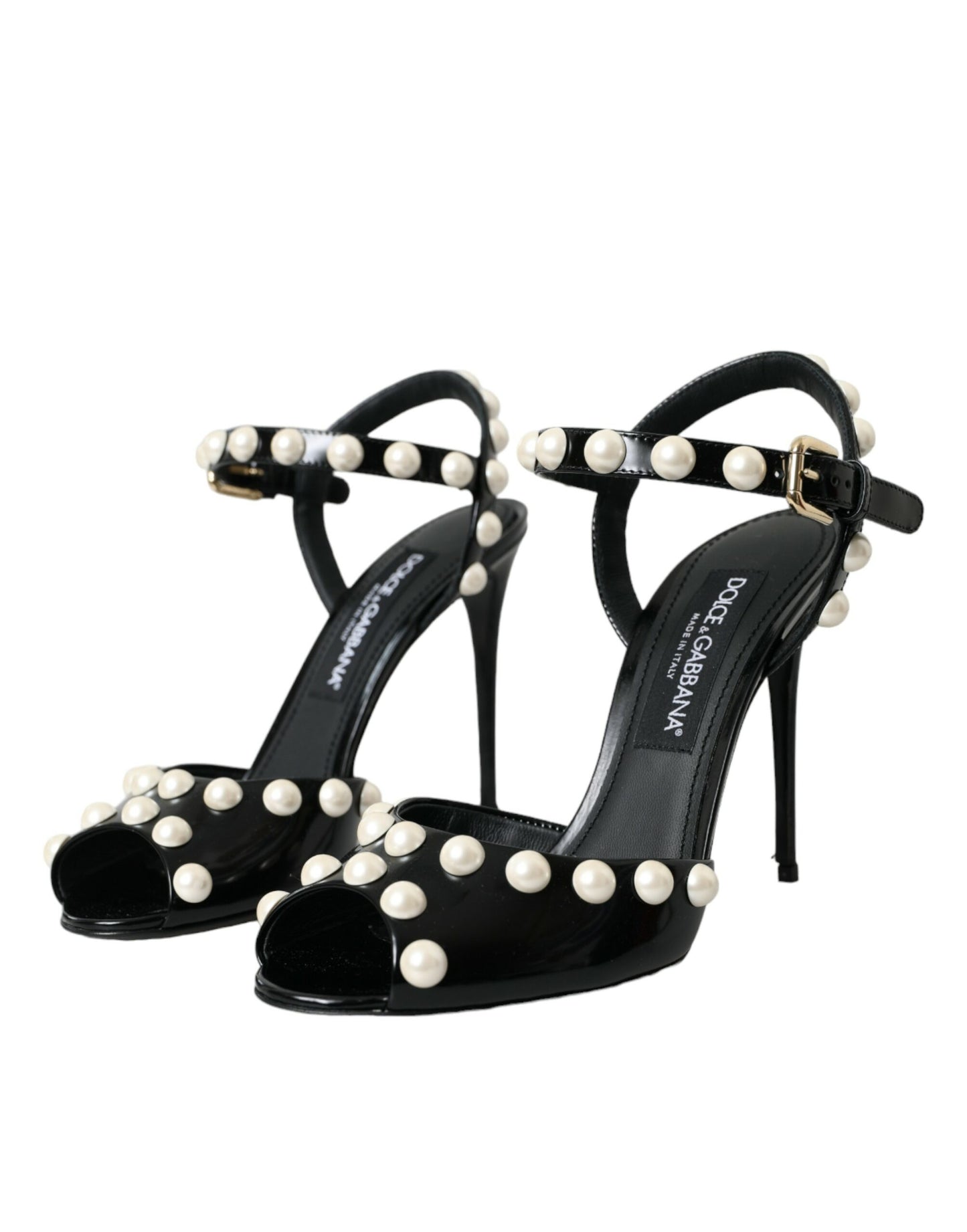 Dolce & Gabbana Black Embellished Leather Sandals Heels Shoes