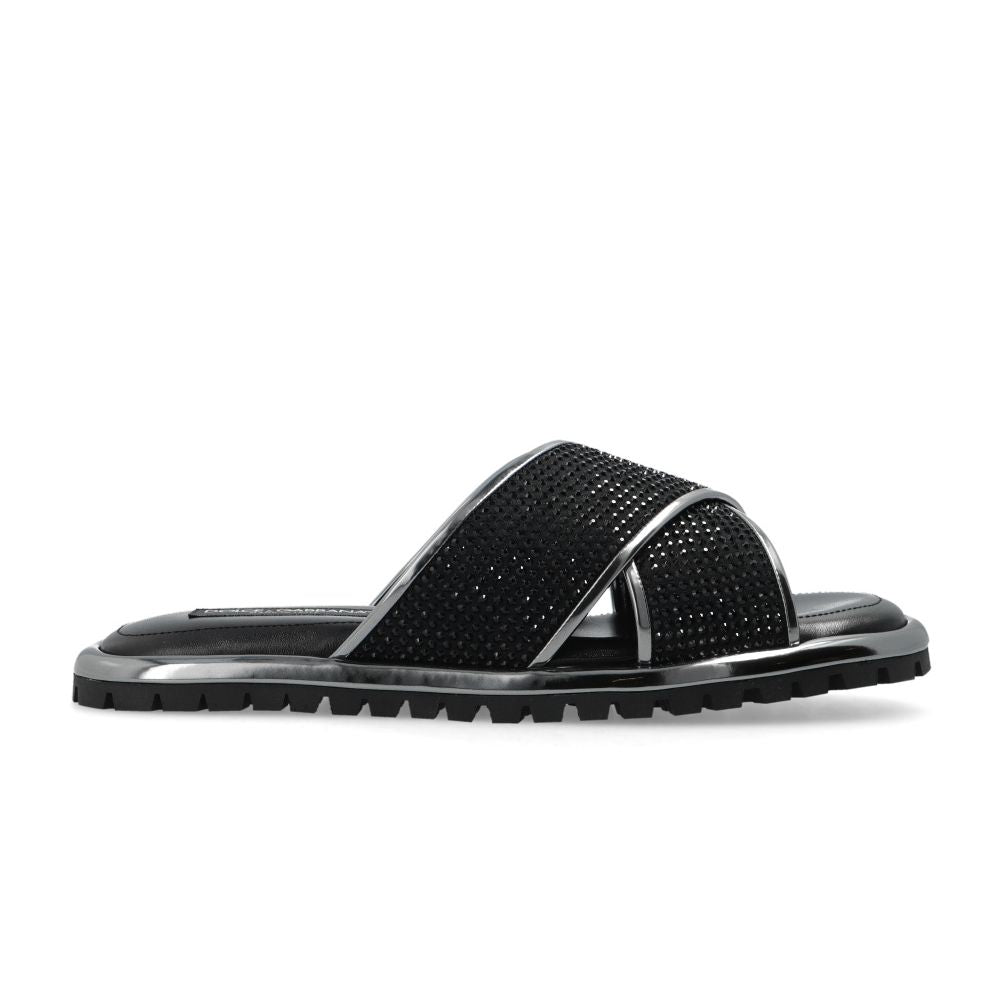 Dolce & Gabbana Black Zircon-Bedecked Leather Slippers