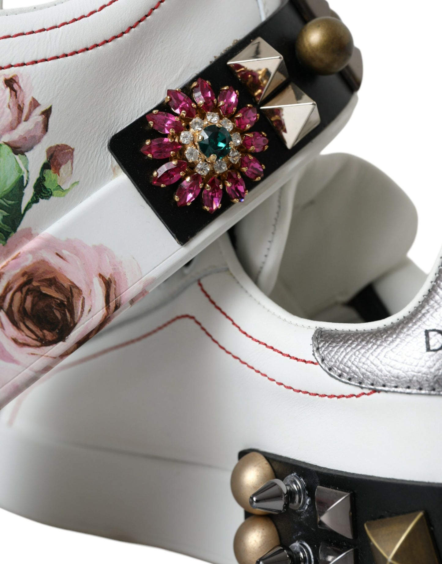 Dolce & Gabbana White Leather Crystal Roses Floral Sneakers Shoes