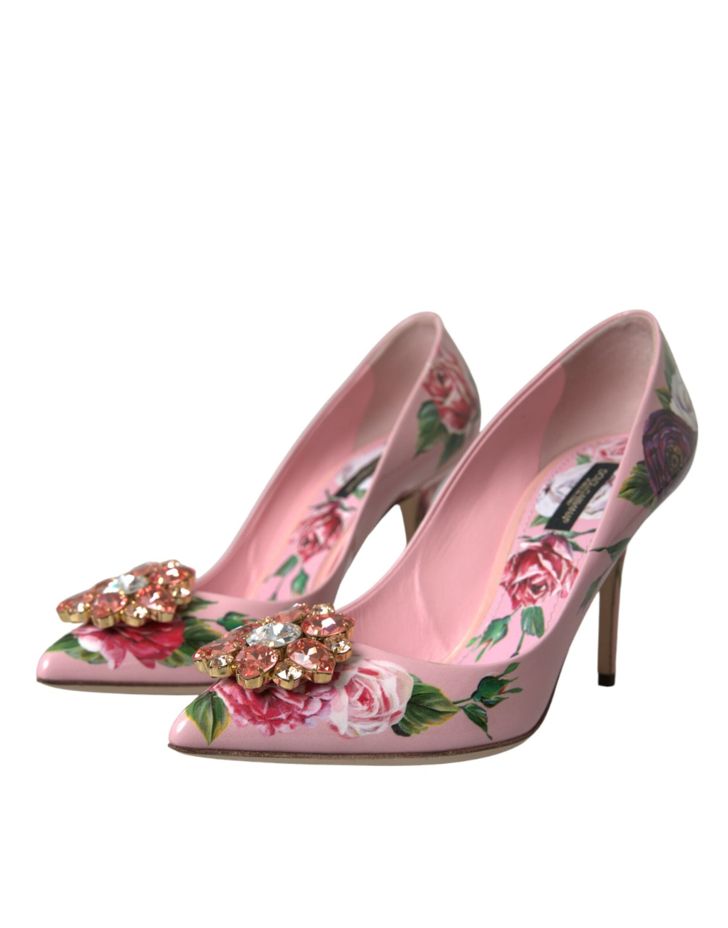 Dolce & Gabbana Pink Floral Leather Crystal Heels Pumps Shoes