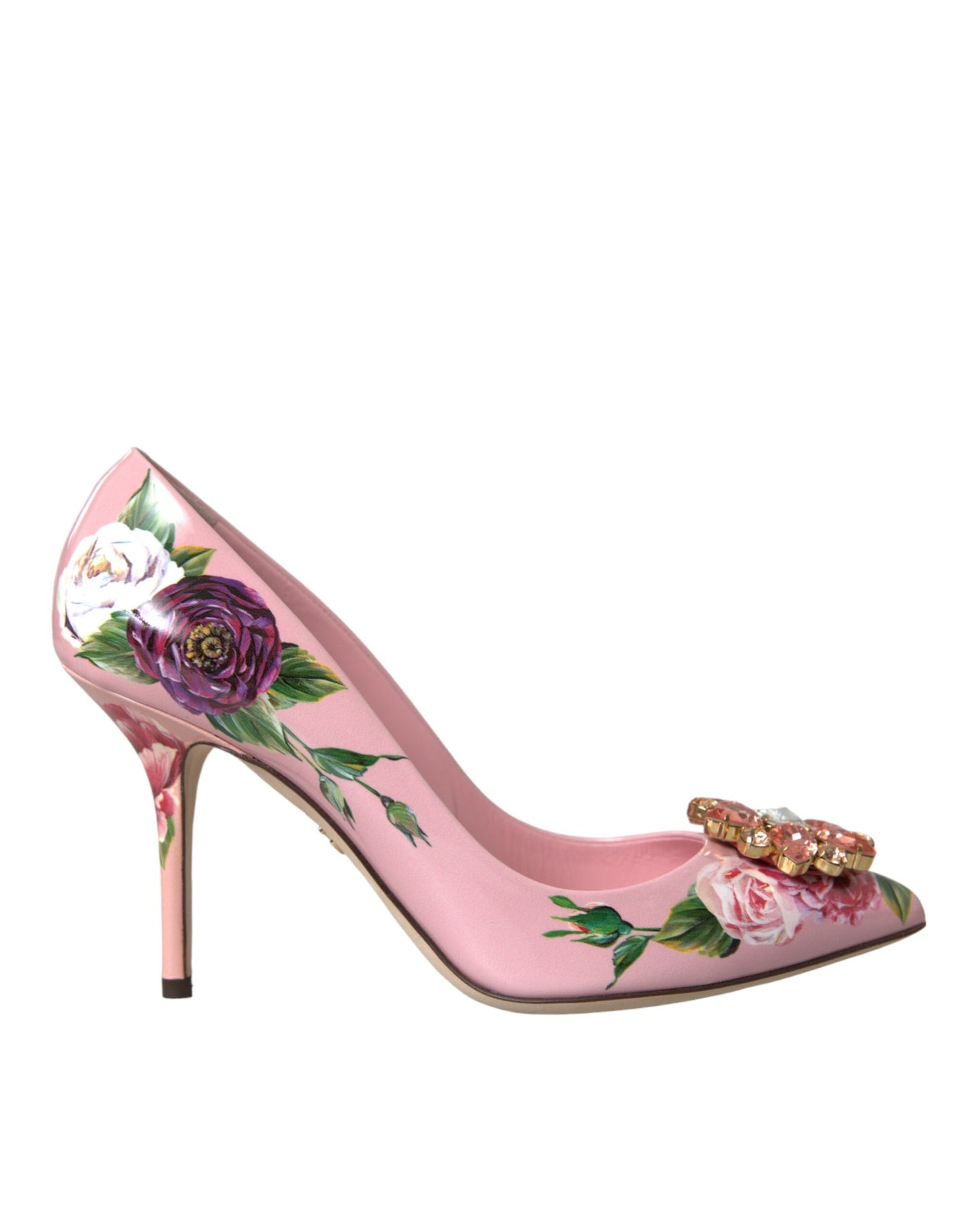 Dolce & Gabbana Pink Floral Leather Crystal Heels Pumps Shoes