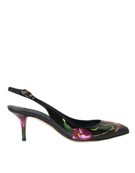 Dolce & Gabbana Black Floral Leather Heels Slingback Shoes