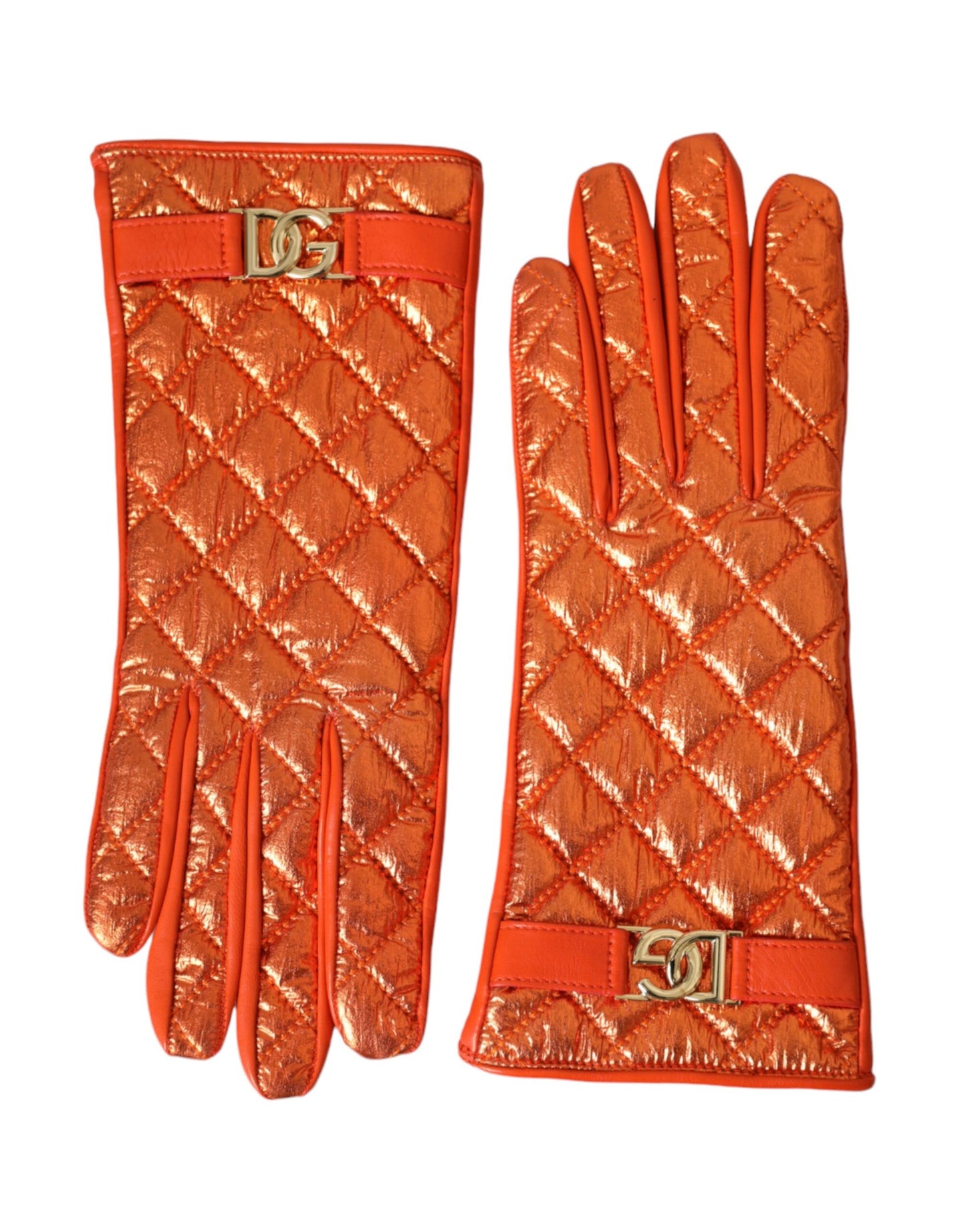 Dolce & Gabbana Orange Leather Quilted Wrist Length Gloves