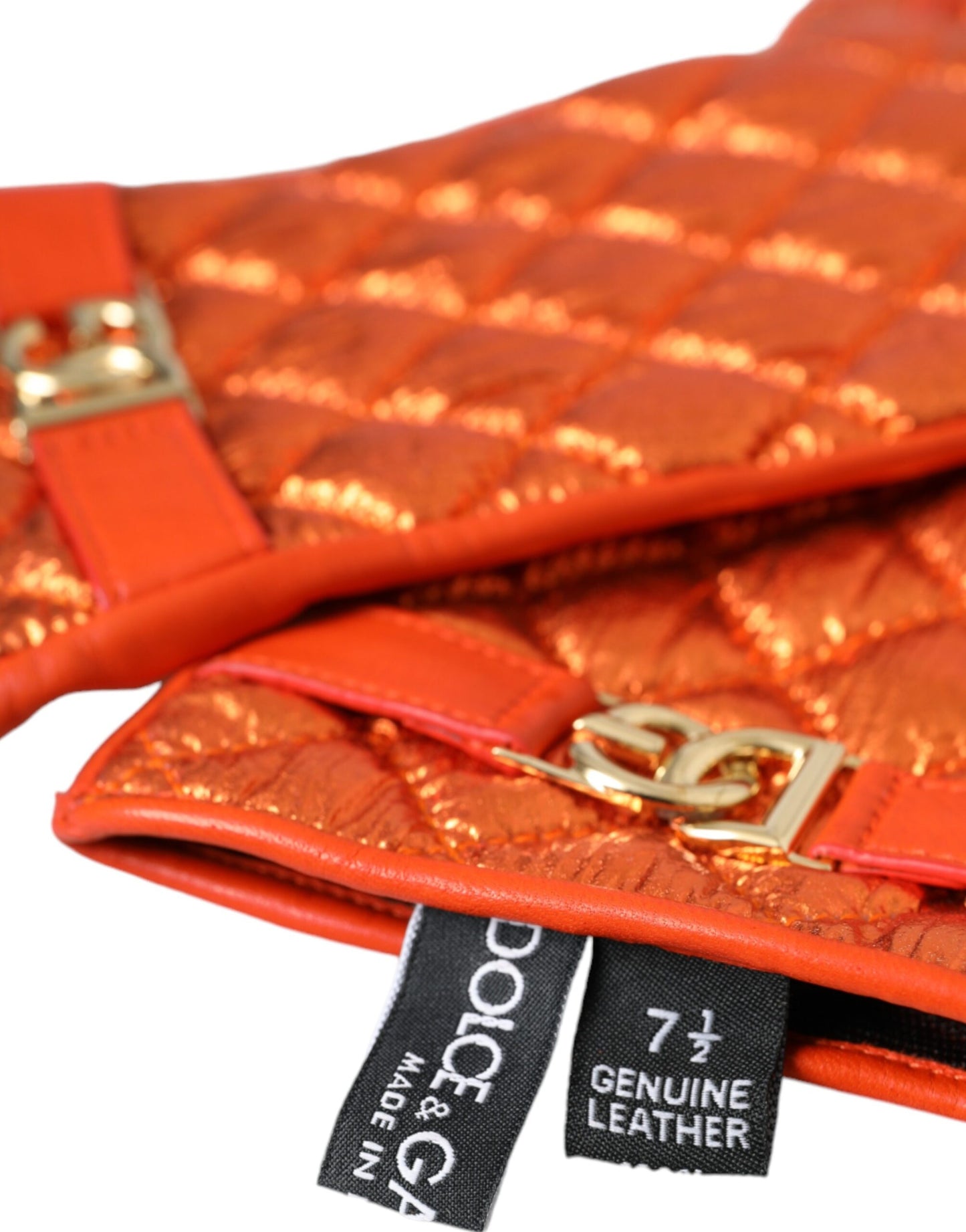 Dolce & Gabbana Orange Leather Quilted Wrist Length Gloves