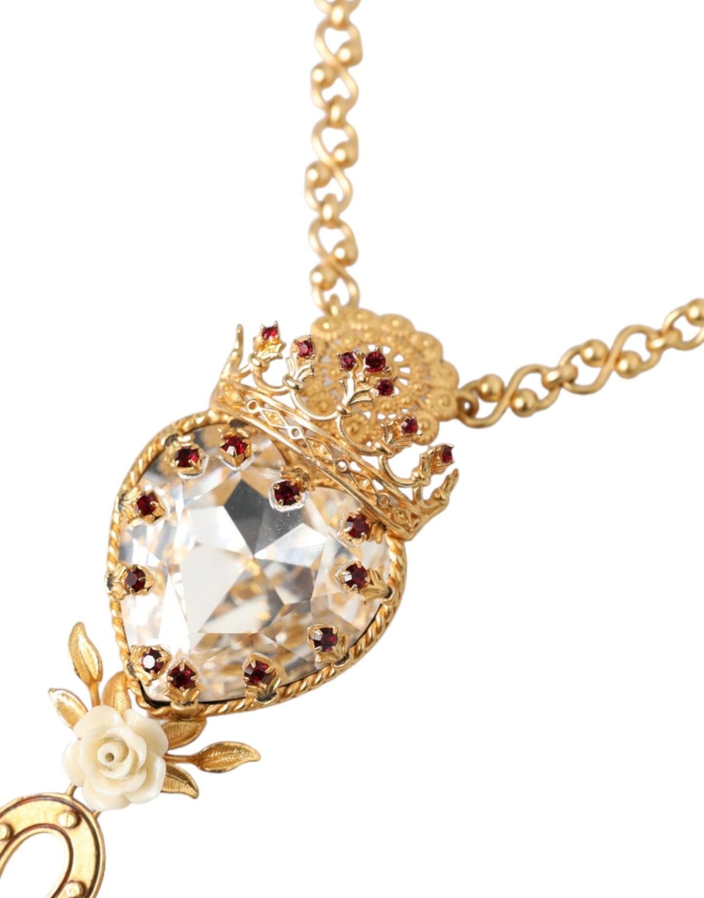 Dolce & Gabbana Gold Brass Chain Sacred Heart Crystal Charm Necklace