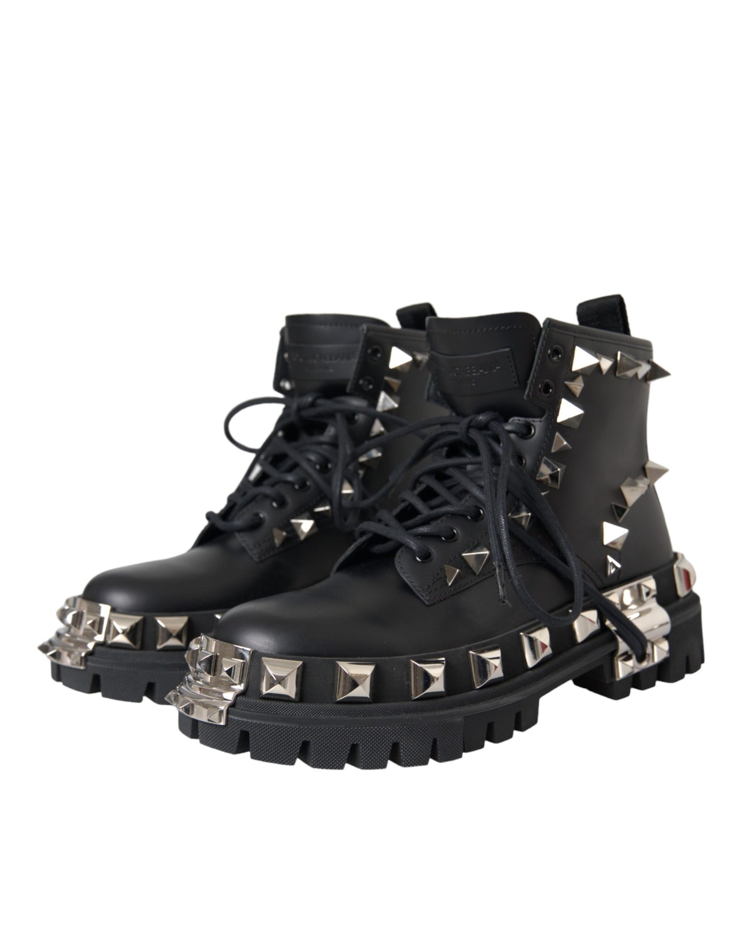 Dolce & Gabbana Black Leather Studs Embellished Combat Boots Shoes