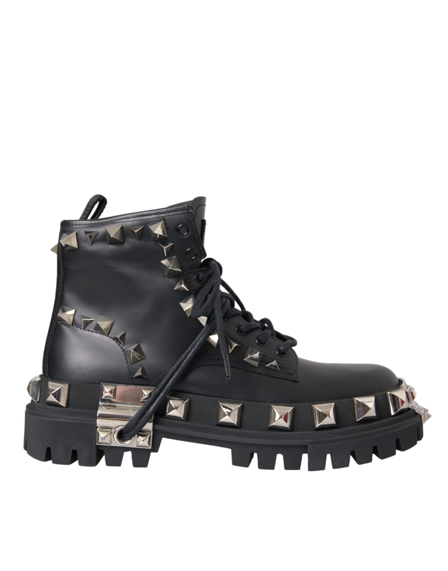 Dolce & Gabbana Black Leather Studs Embellished Combat Boots Shoes