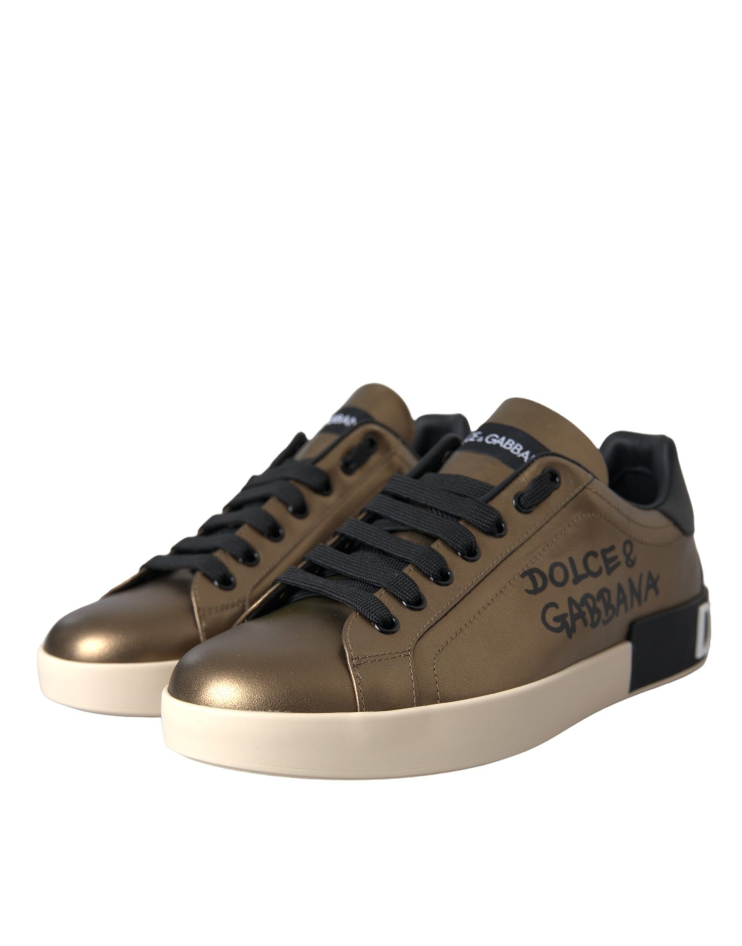 Dolce & Gabbana Gold Black Portofino Calf Leather Sneakers Shoes