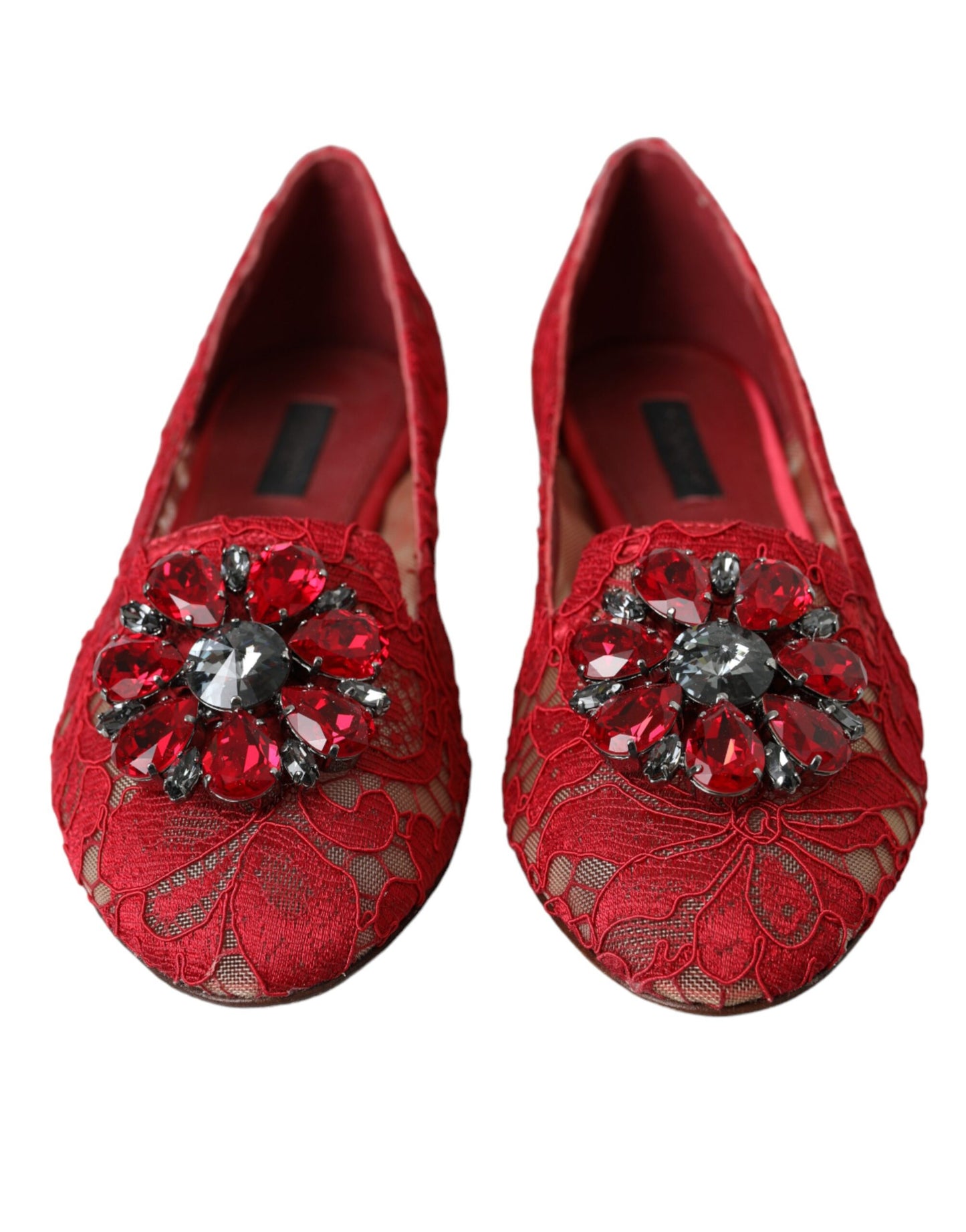 Dolce & Gabbana Red Lace Crystal Ballet Loafers Shoes