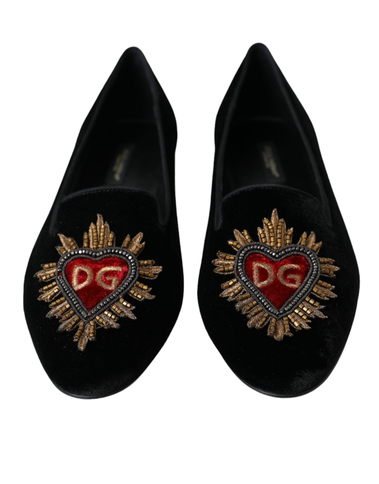 Dolce & Gabbana Black Velvet DG Heart Loafers Flats Shoes