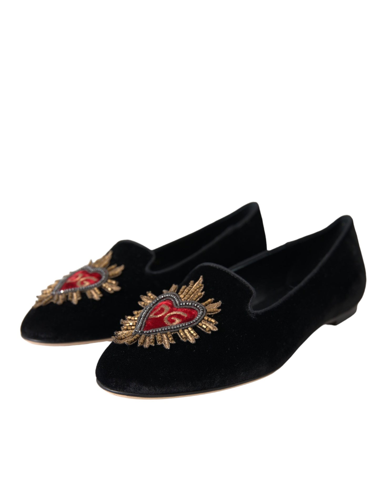 Dolce & Gabbana Black Velvet DG Heart Loafers Flats Shoes