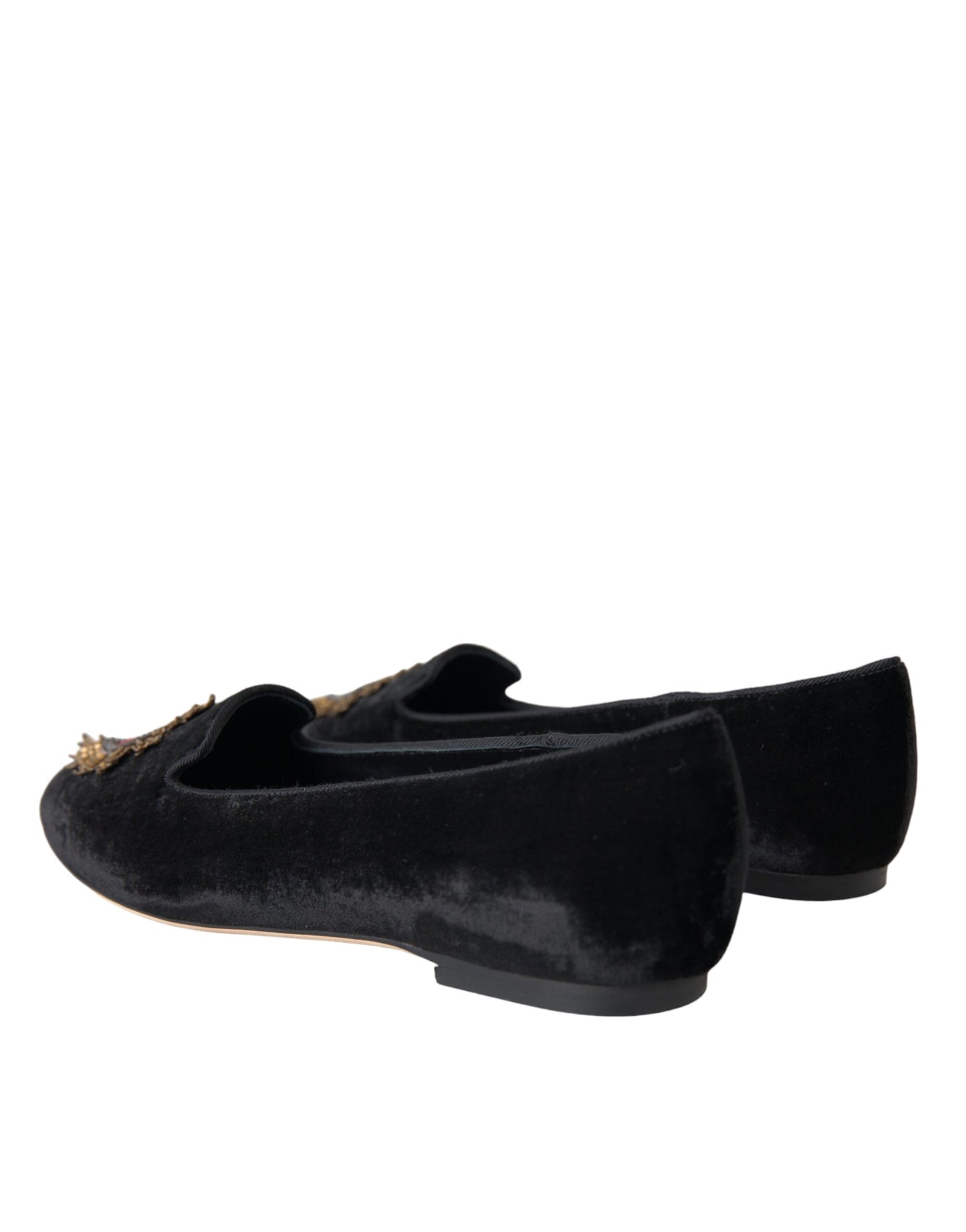 Dolce & Gabbana Black Velvet DG Heart Loafers Flats Shoes