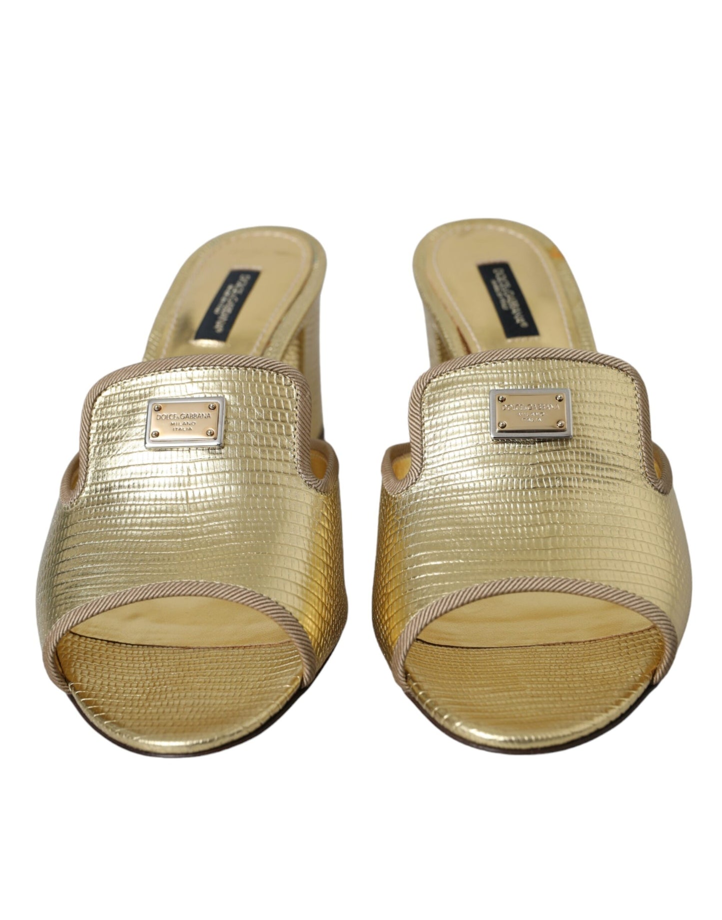 Dolce & Gabbana Gold Leather Slides Heels Sandals Shoes