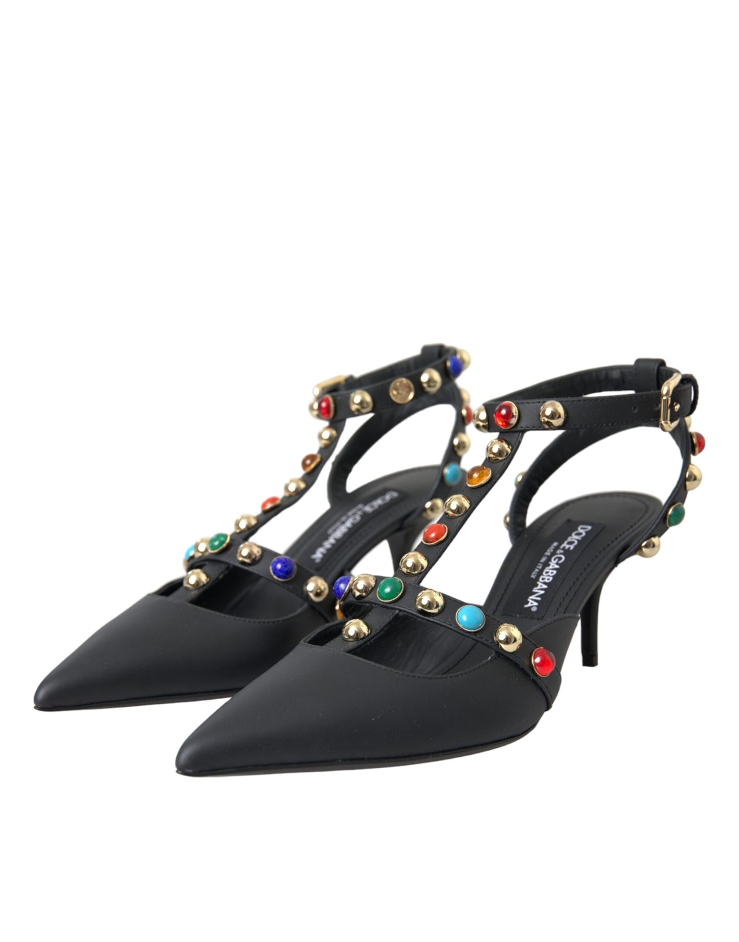 Dolce & Gabbana Black Leather Embellished Heels Sandal Shoes