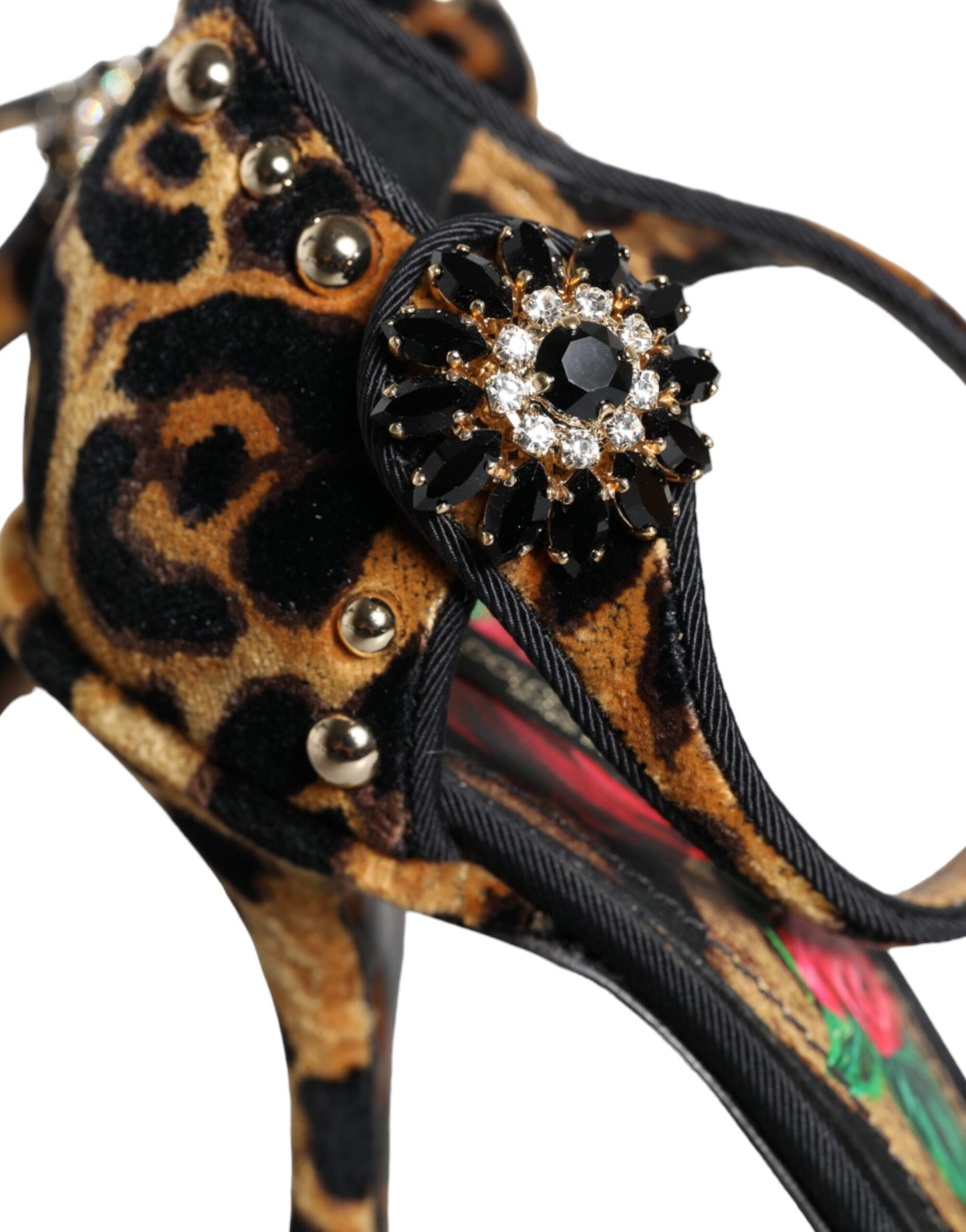 Dolce & Gabbana Brown Leopard Floral Crystal Ankle Strap Pumps Shoes