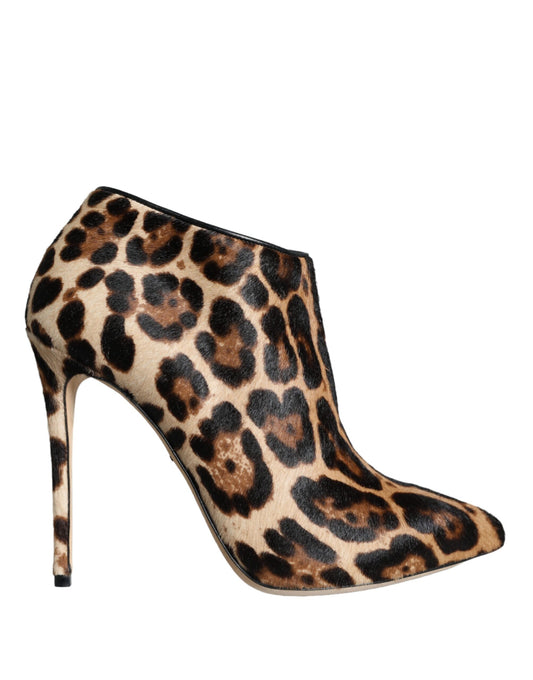 Dolce & Gabbana Brown Leopard Calf Fur Heels Ankle Boots Shoes