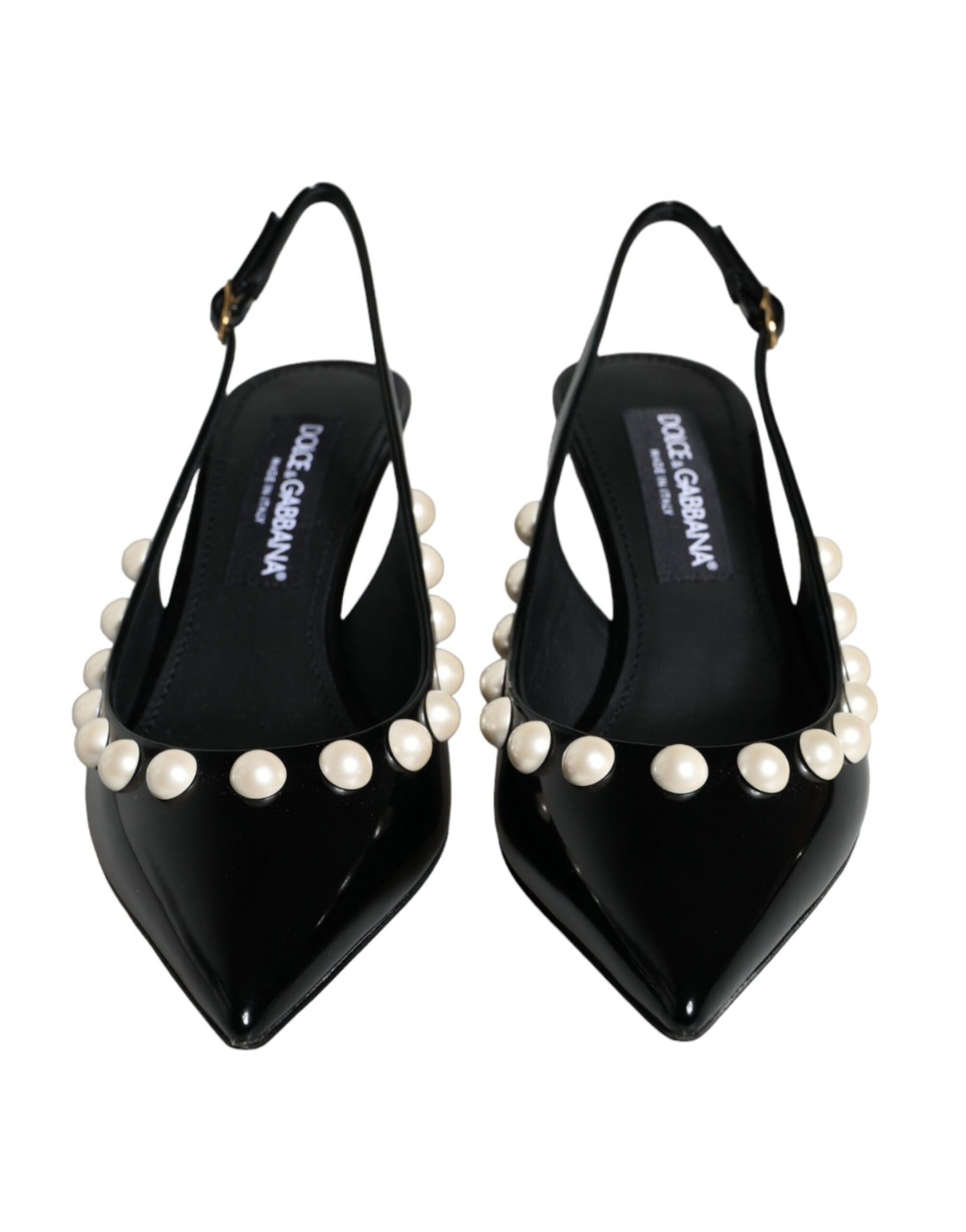 Dolce & Gabbana Black Leather Faux Pearl Heel Slingback Shoes