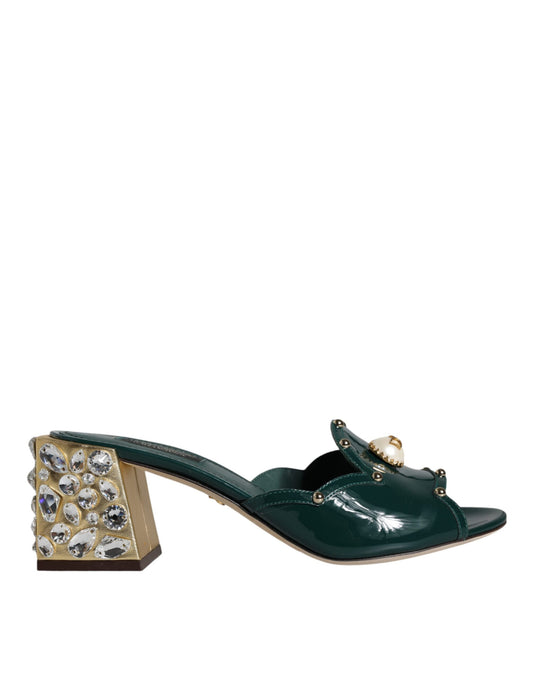 Dolce & Gabbana Green Crystal Leather Slides Sandals Shoes