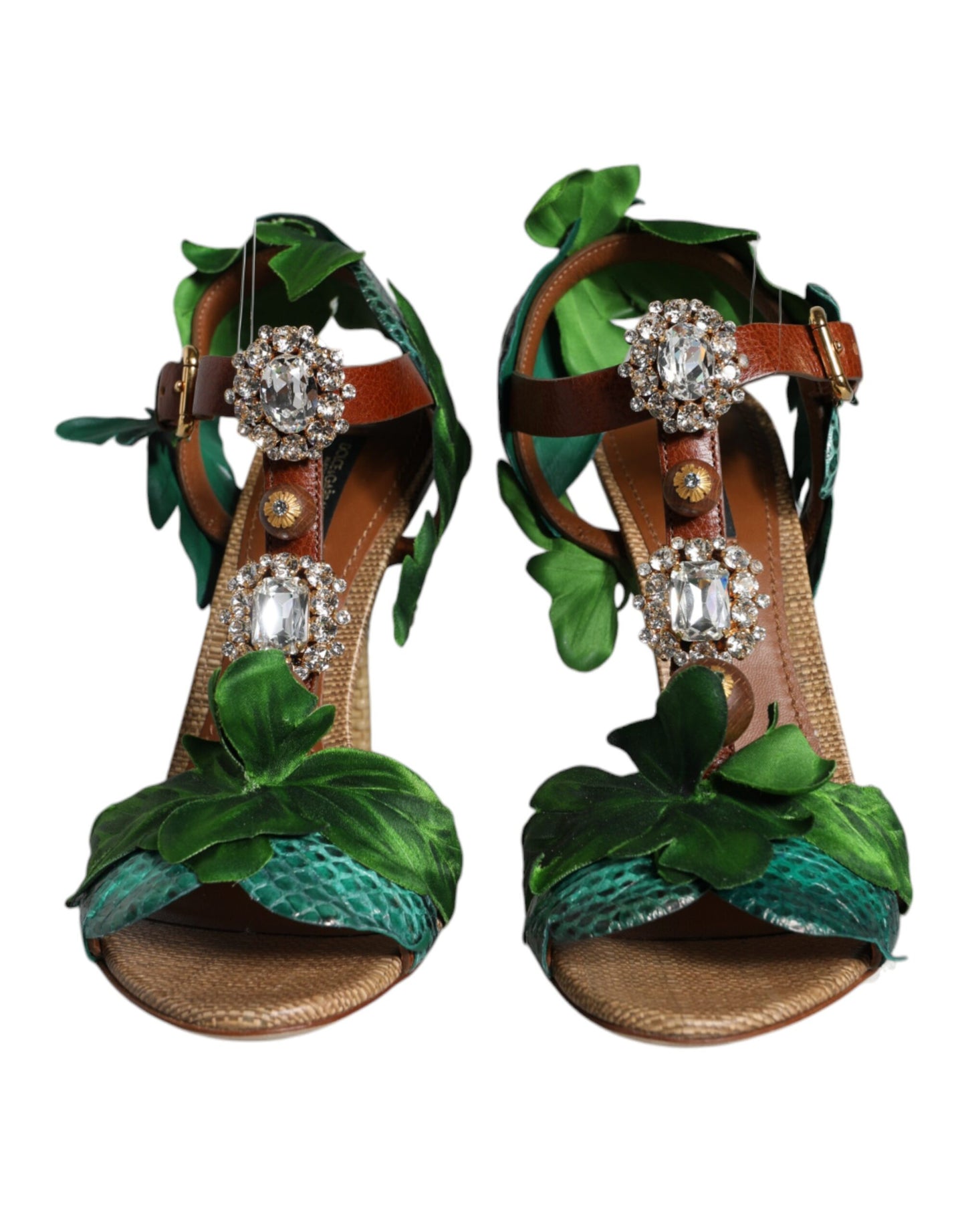 Dolce & Gabbana Emerald Embellished Leather Heels Sandals Shoes