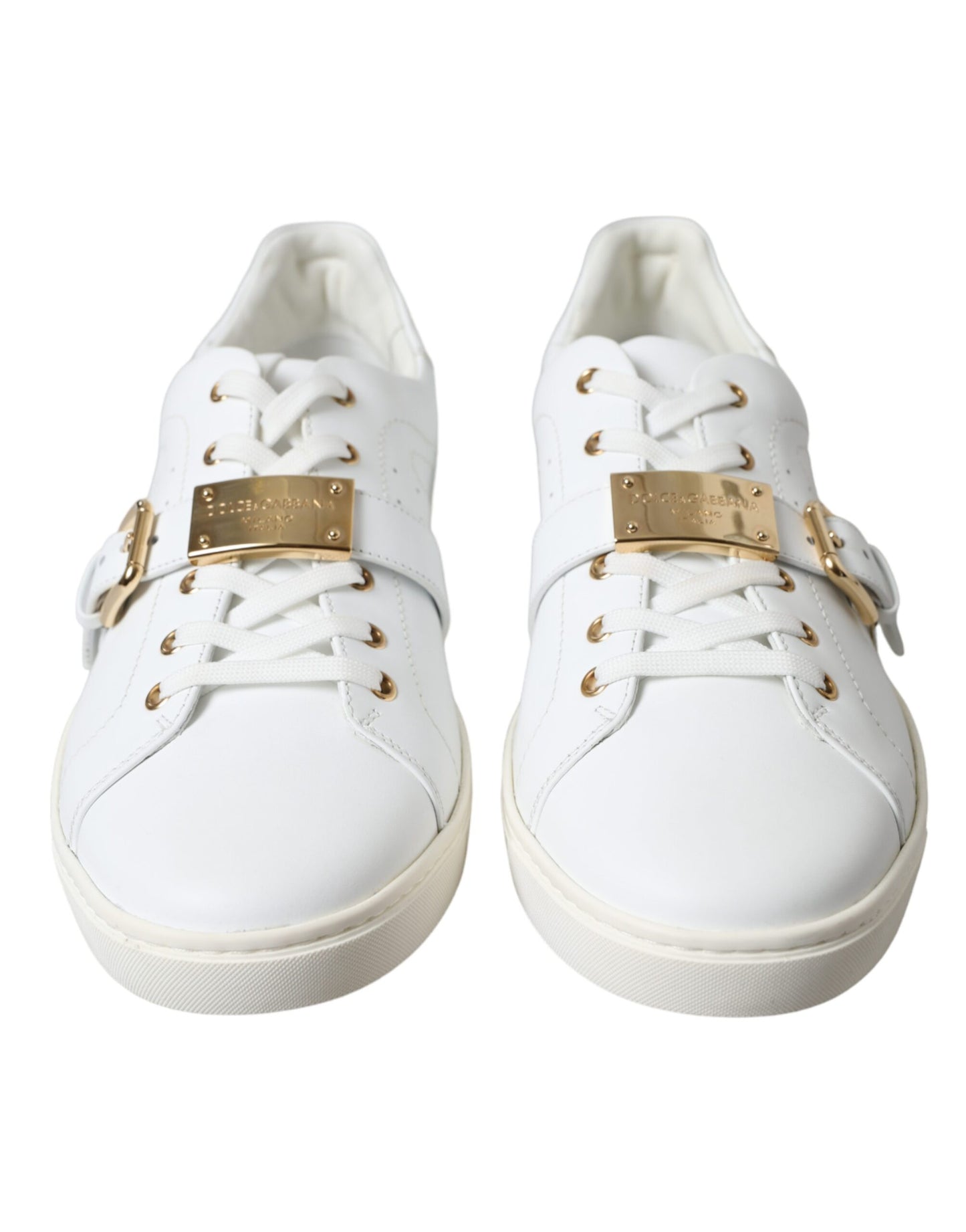 Dolce & Gabbana White Leather Gold Buckle Sneakers Shoes