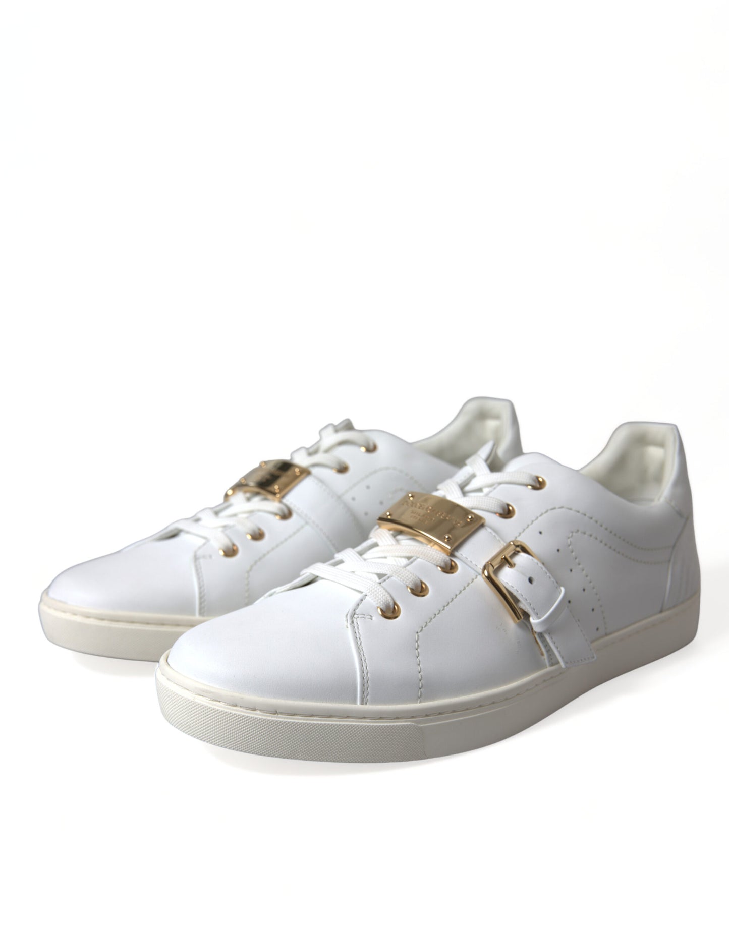 Dolce & Gabbana White Leather Gold Buckle Sneakers Shoes