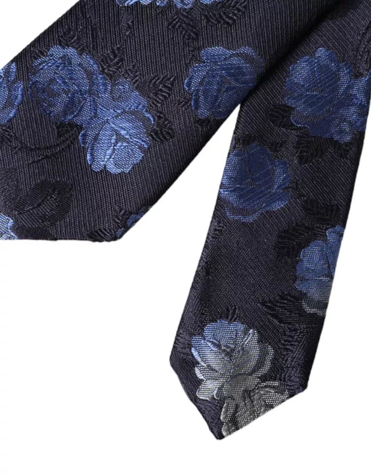 Dolce & Gabbana Dark Blue Floral Fantasy Silk Adjustable Men Tie