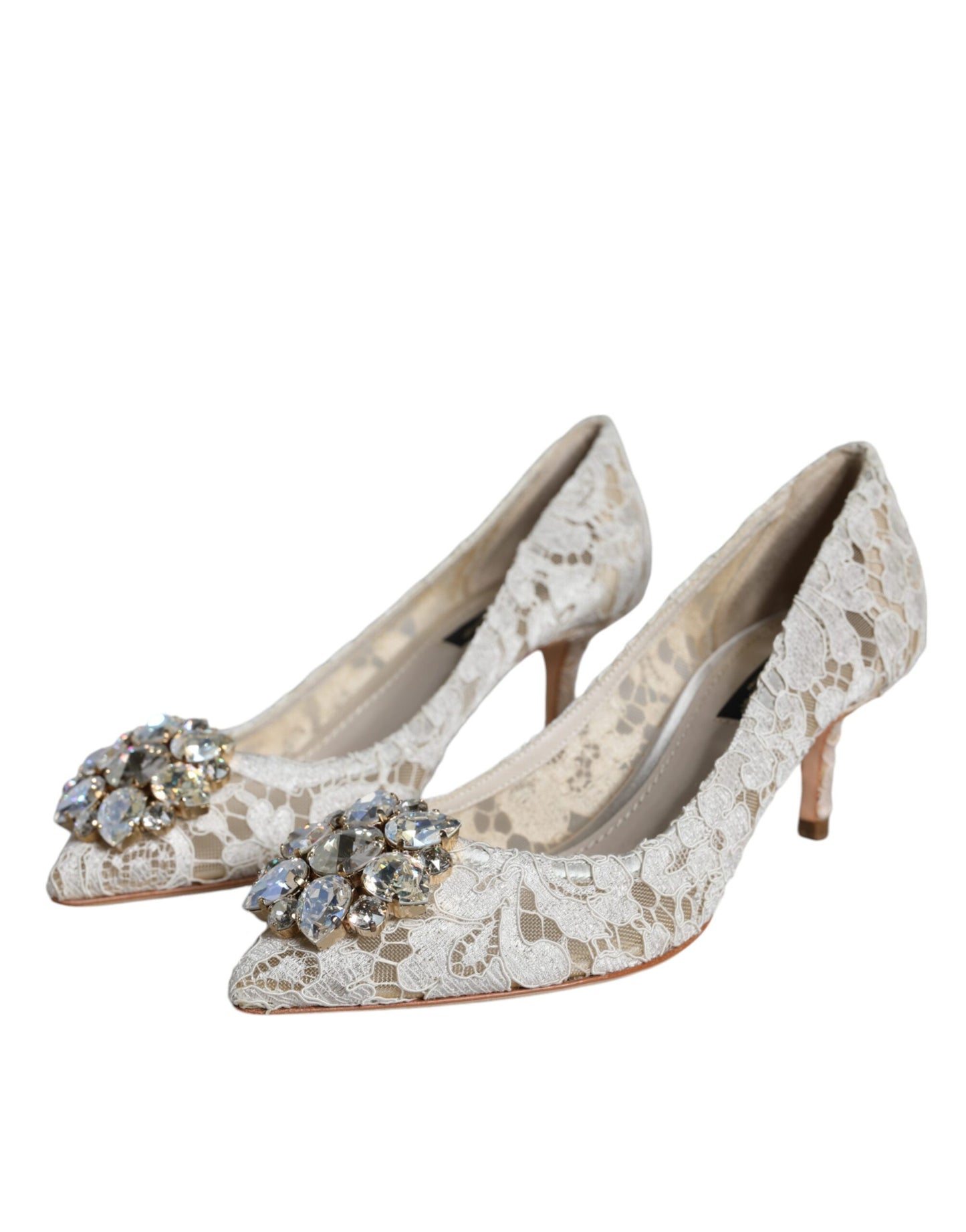 Dolce & Gabbana White Taormina Lace Crystal Heel Pumps Shoes