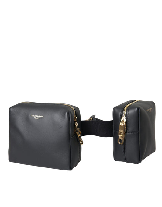 Dolce & Gabbana Black Calfskin Leather Double Waist Belt Fanny Pack Bag