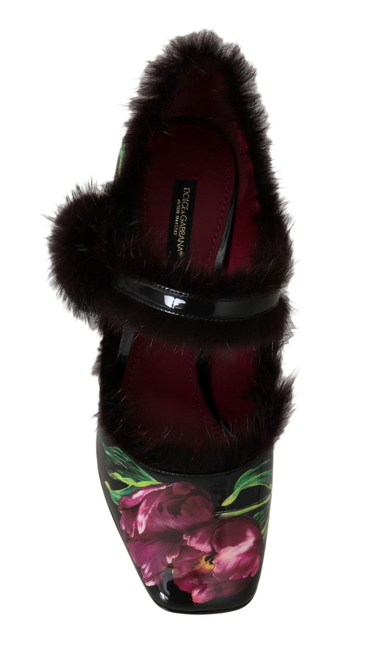 Dolce & Gabbana Black Purple Tulip Print Fur Mary Janes Pumps