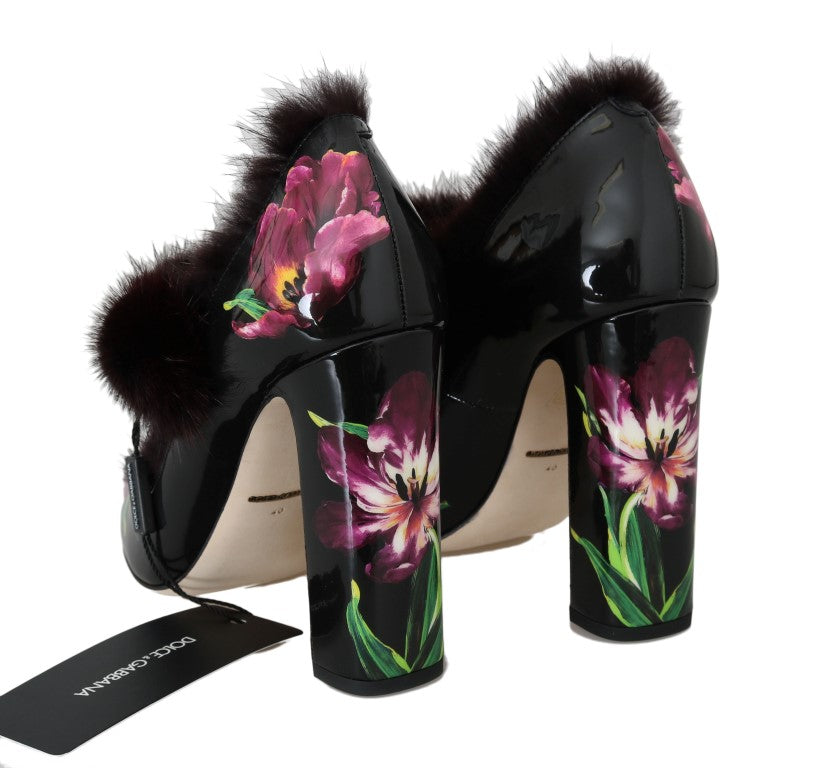 Dolce & Gabbana Black Purple Tulip Print Fur Mary Janes Pumps