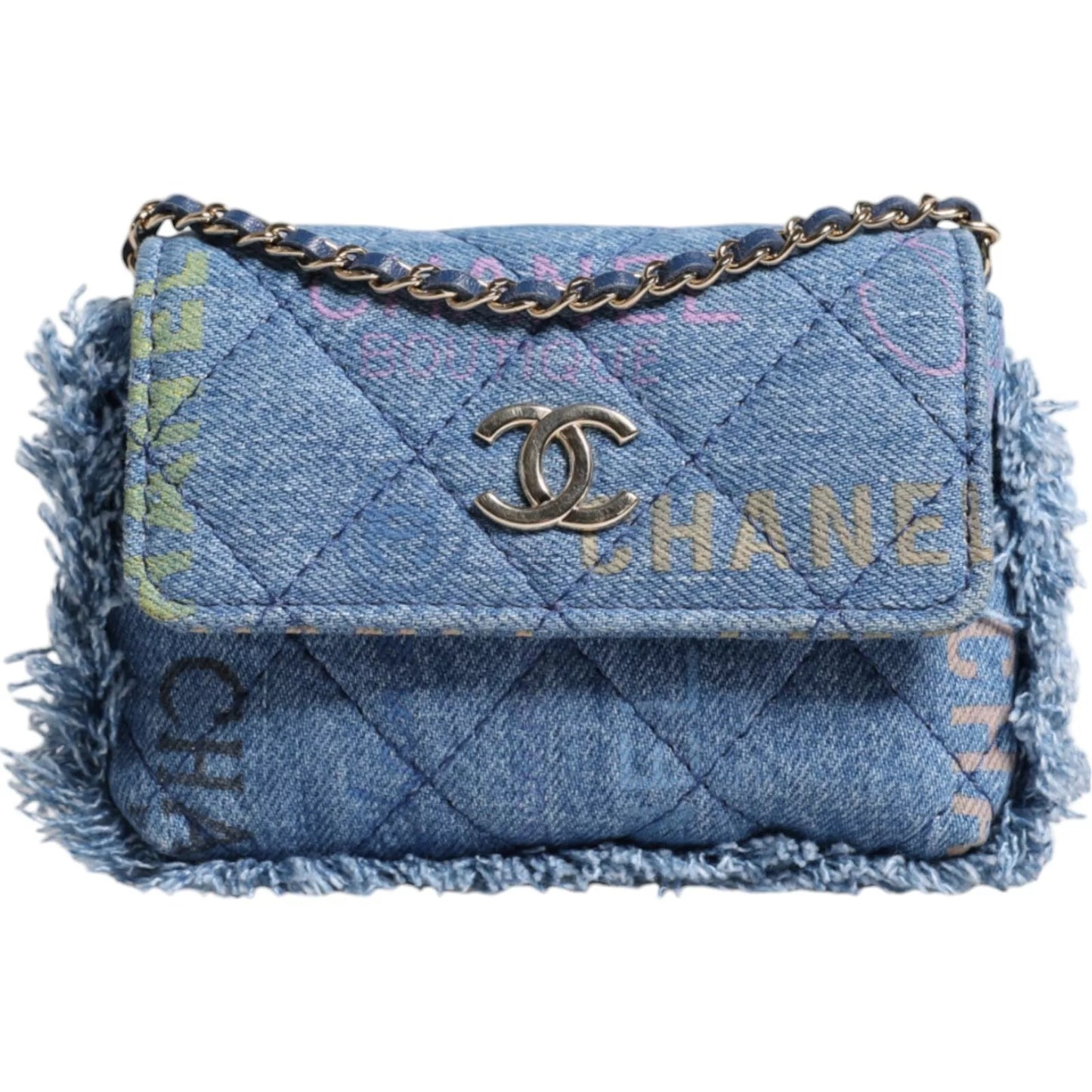 Chanel Denim Mood Flap Micro Logo Printed Fringed Shoulder Bag