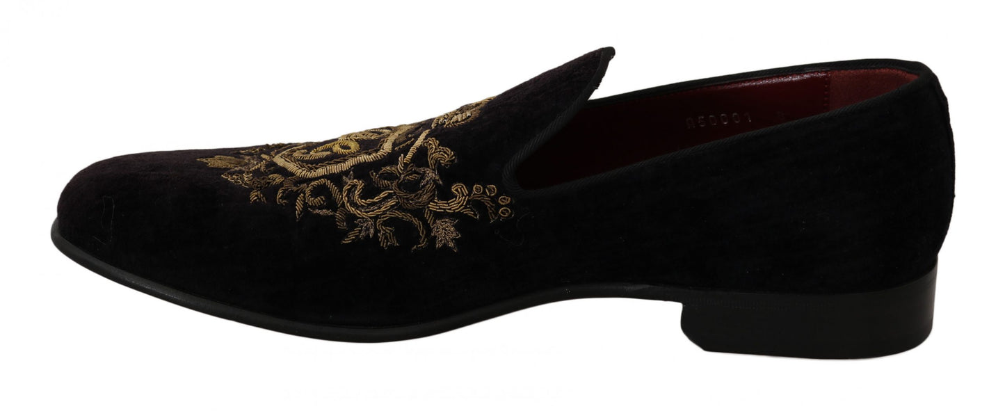 Dolce & Gabbana Elegant Black Loafers with Gold Crown Embroidery